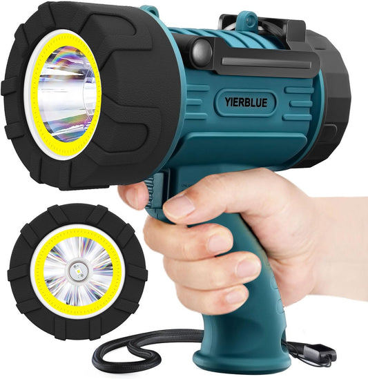 YIERBLUE Rechargeable Spotlight Floodlight Combo 1000,000 Lumen LED, IP67 Waterproof Spot Light COB Flood Light, Impact Resistant Handheld Spotlight with Foldable Stand and Detachable Red Lens