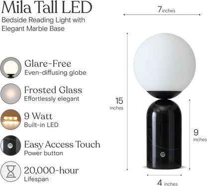 Brightech Mila Tall LED Table Lamp - Bedside Reading Light with Elegant Marble Base, Globe Lamp Shade - Modern Desk and Nightstand Lamp with Ambient Lighting for Bedroom, Living Room, Office - Black