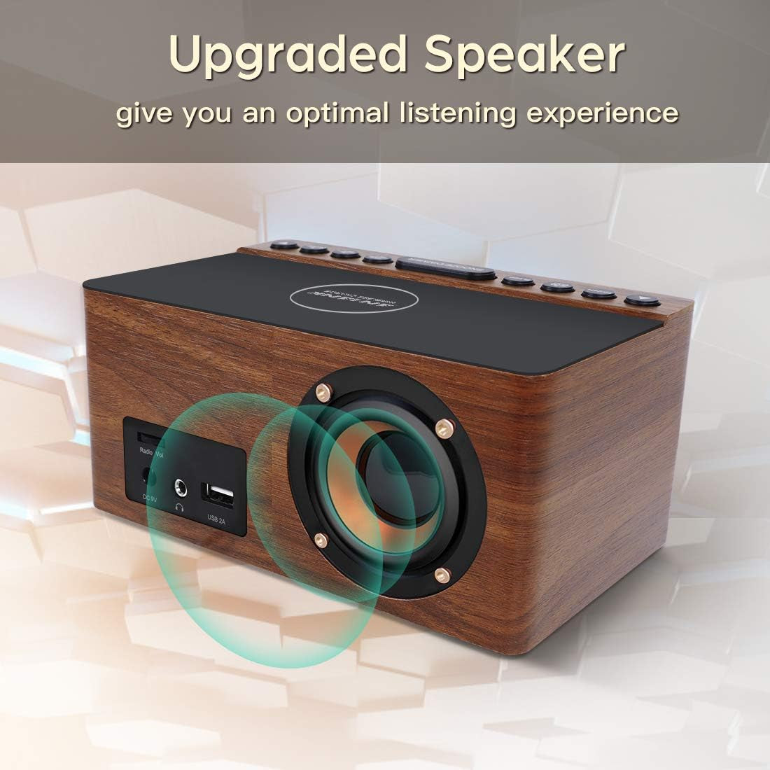 ANJANK Digital LED Alarm Clock FM Radio, Fast Wireless Charger Station for Iphone/Samsung Galaxy, 5 Level Dimmer, USB Charging Port, 2 Sounds, Sleep Timer for Bedroom, Bedside, Desk - Wood