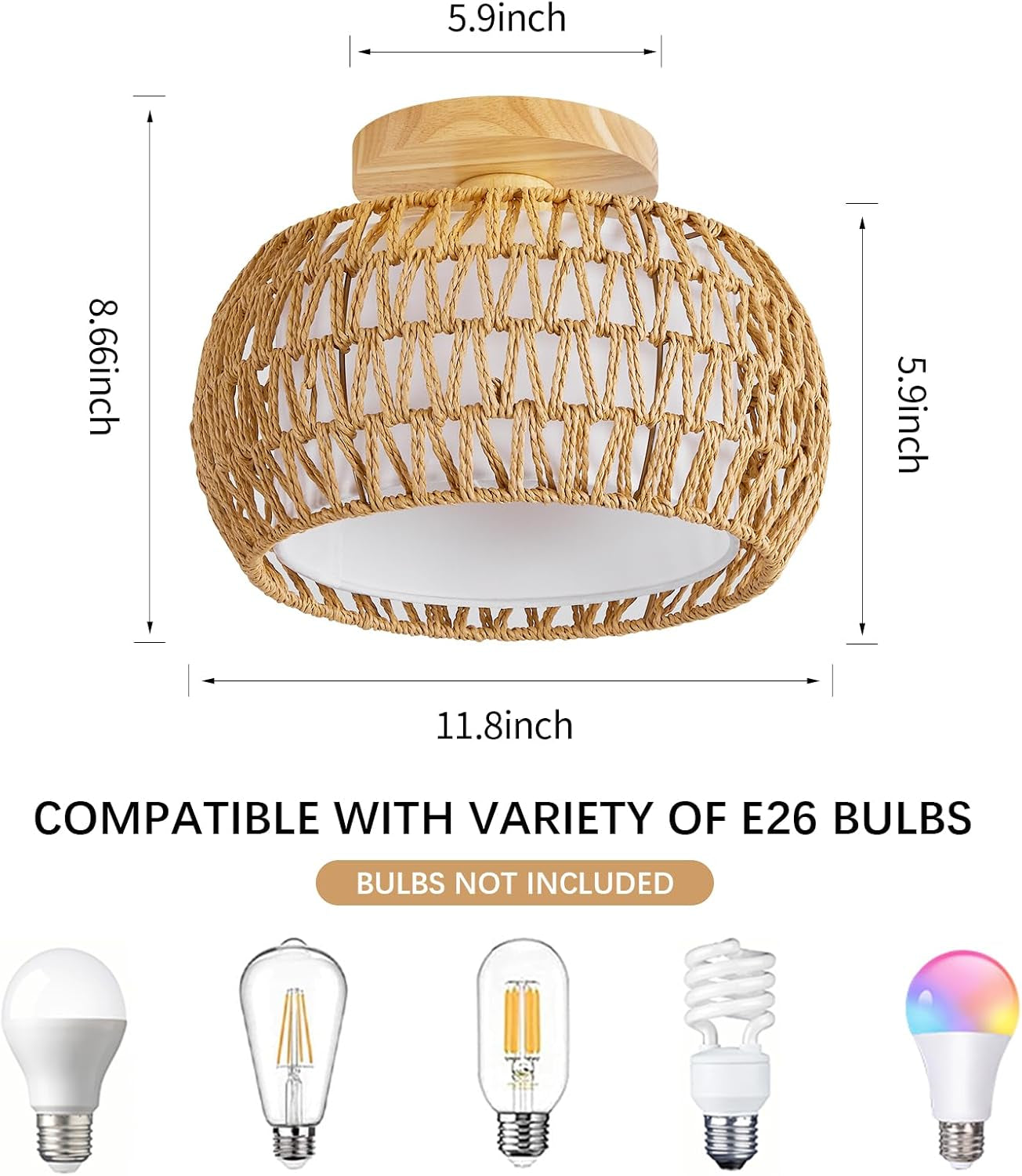 Rattan Ceiling Light Fixture，3 Style Options Boho Flush Mount Ceiling Lights, Hand-Woven Rattan Chandelier,Mini Bohemian Wicker Light Fixtures, Farmhouse Light Fixture for Bedroom Hallway Entryway