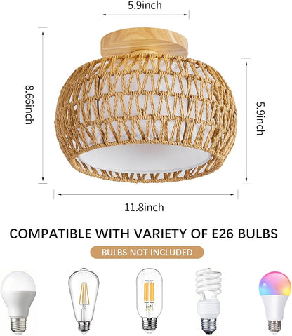 Rattan Ceiling Light Fixture，3 Style Options Boho Flush Mount Ceiling Lights, Hand-Woven Rattan Chandelier,Mini Bohemian Wicker Light Fixtures, Farmhouse Light Fixture for Bedroom Hallway Entryway