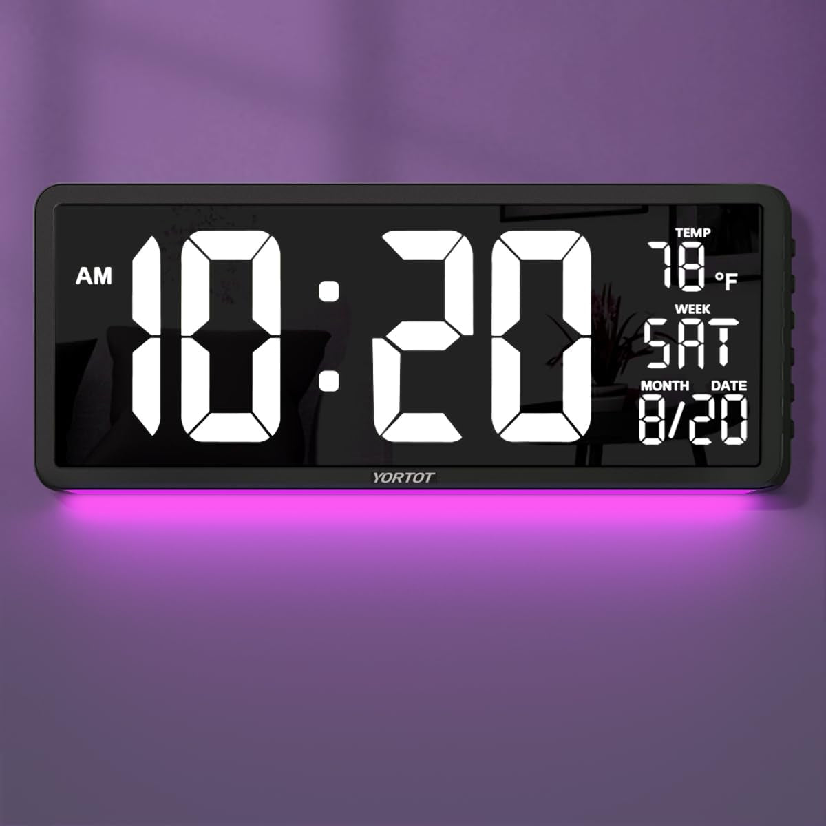 YORTOT 16” Large Digital Wall Clock with Remote Control - Adjustable Dimmer, 7 Color Night Lights, Big LED Clock with Indoor Temperature, Date, Auto DST, 12/24Hour, Wall Mount/Foldable Stand