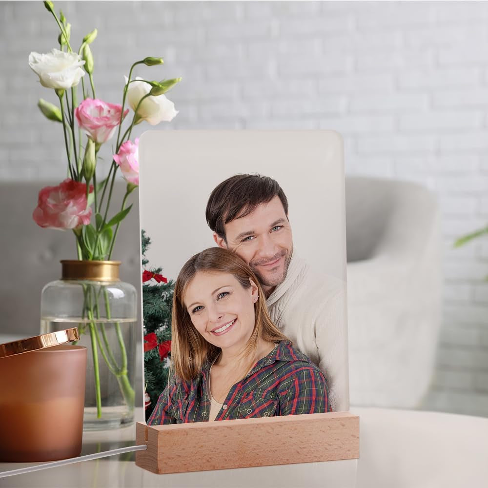 PYD Life 4 Pack Sublimation LED Acrylic Photo Frames Night Lights Blanks 6" X 8" with Warm Color Light,With Wood Stand for Heat Press Machine Printing