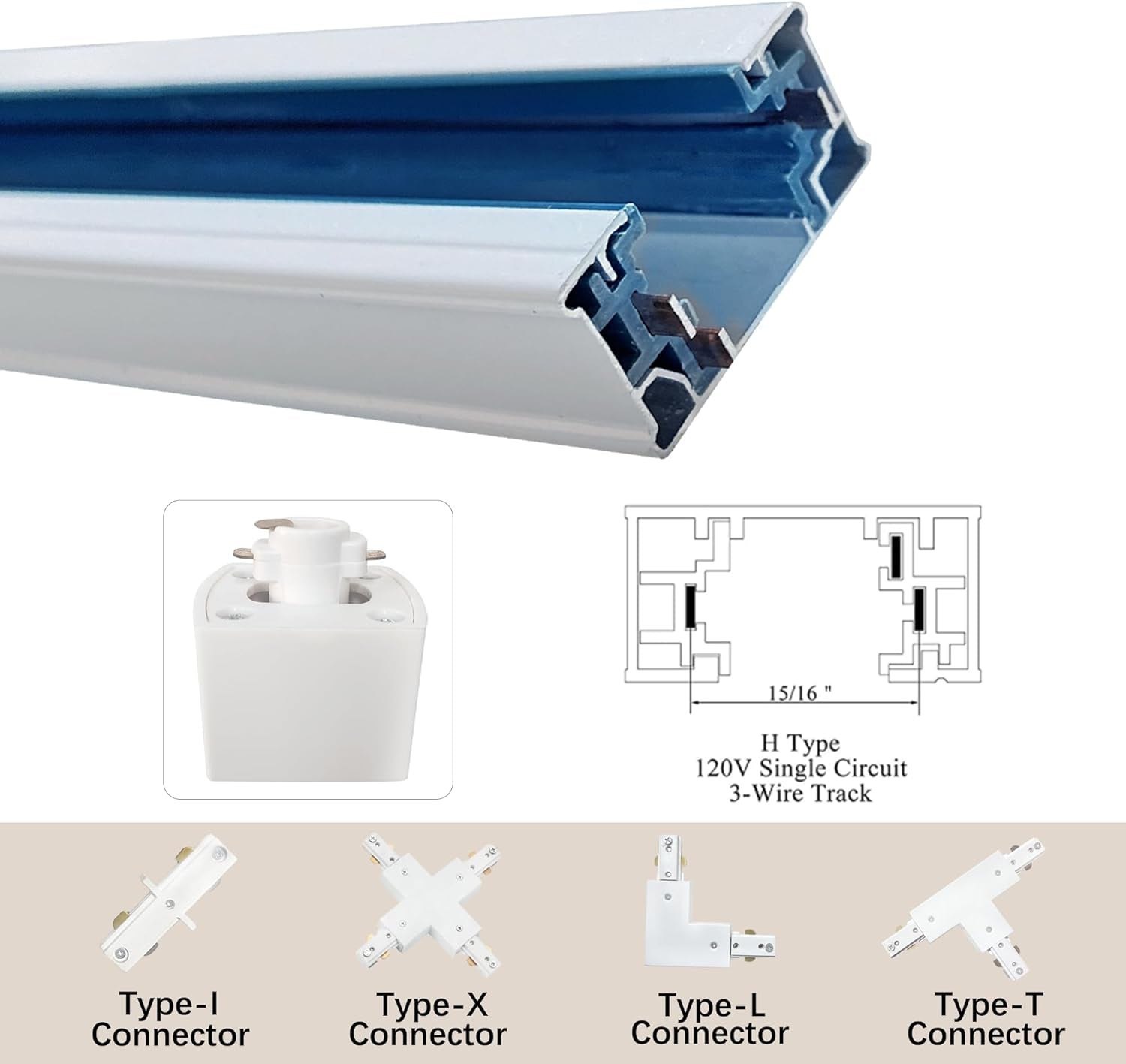 H Type Track Lighting Rails 2PCS 120V Single Circuit 3-Wire H Track Rail 6.5FT (3.28 * 2FT) with Extra 1 I Connector and Wall Anchors, Made of Aluminum and Strength Guarantee (White)