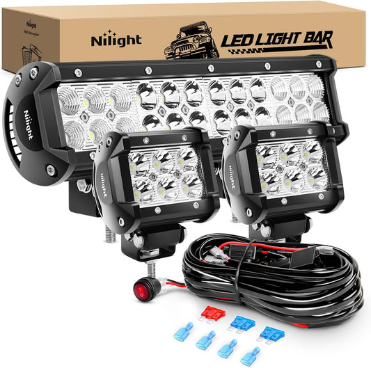 Nilight ZH016 12 Inch 72W Spot Combo Bar 2PCS 4 Inch 18W Flood LED Fog Lights with off Road Wiring Harness- 2 Leads
