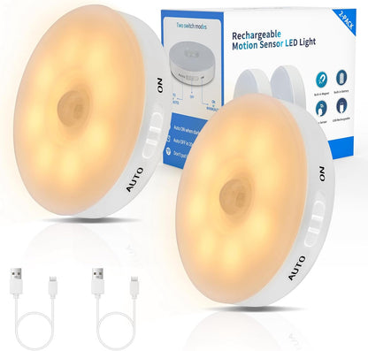 Improved LED Rechargeable Motion Sensor Light Indoor, Long-Lasting Battery, Closet Lights Motion Sensored, Motion Sensor Night Light, Puck Lights for Closet, Cabinet, Kitchen - Cool 2Pack