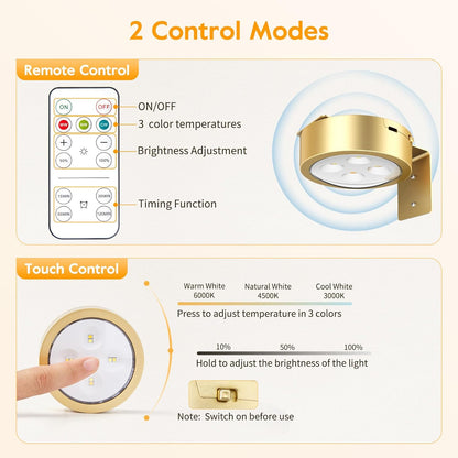 Brightown 2-Pack Picture Lights for Wall,Rechargeable Battery Operated Painting Light Magnetic Art Display Light with Remote, Puck Lights, Dimmable & Timer Art Lighting for Paintings Wireless,Gold