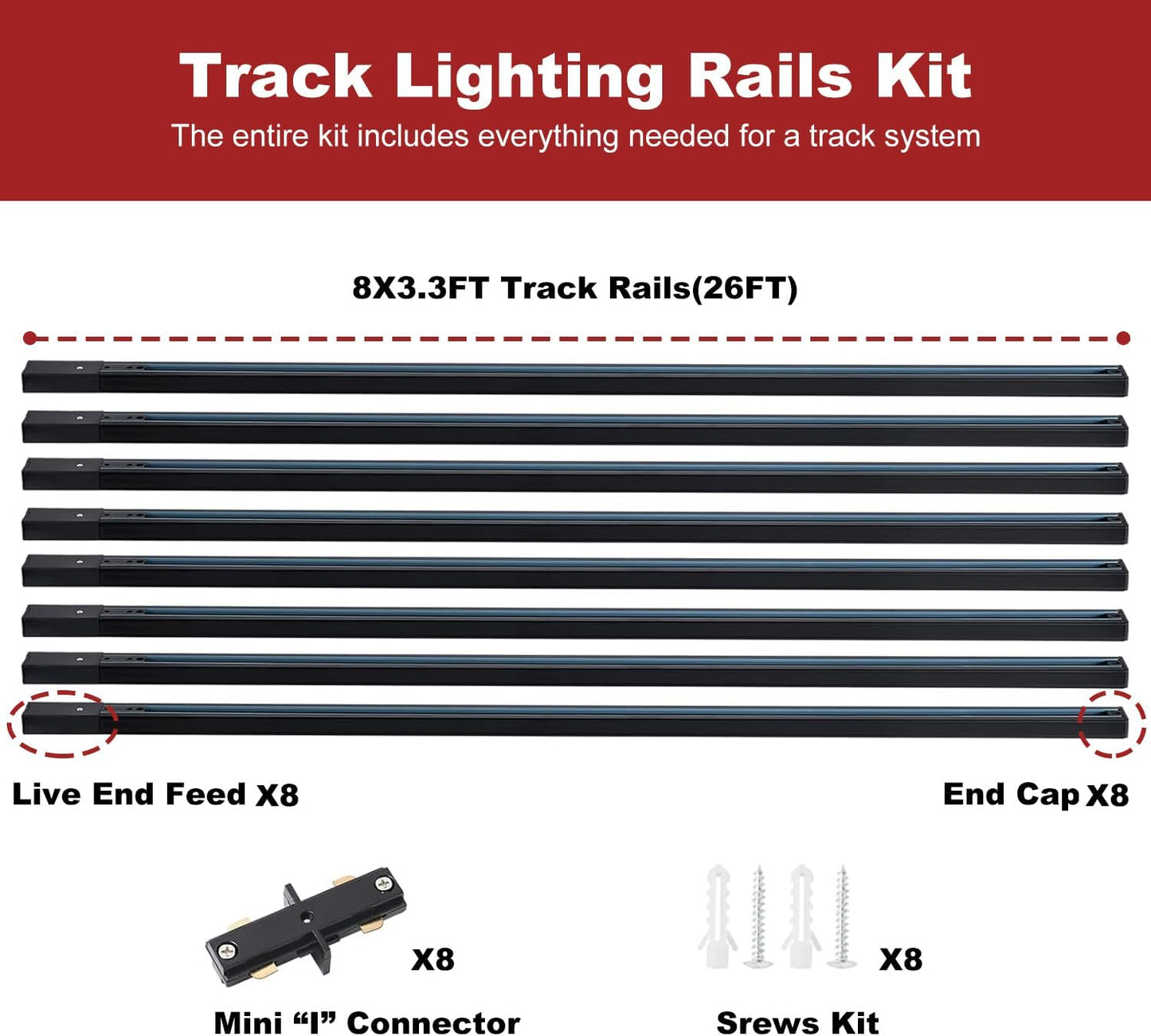 26FT H Track Lighting Rails Black, H Type Track Lighting Rails Kit with End Caps and Live End Feed Connector, Track Lighting Kit Compatible with 3-Wire Single Circuit H Style Track System