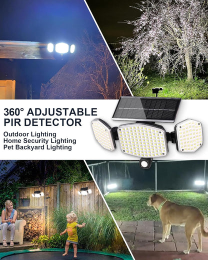 Solar Motion Sensor Outdoor Lights with Stakes, 208 LED Super Bright IP65 Waterproof 3 Heads Solar Powered Security Flood Lights for Outside
