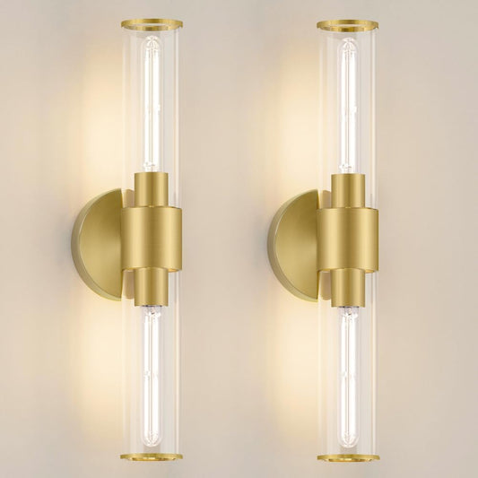 Gold Wall Sconces Set of 2, Brass Bathroom Sconce Wall Lighting, Bathroom Wall Vanity Light Fixture, Modern Wall Light Set of Two, Indoor Wall Lamp for Mirror, Cylinder Sconce for Bathroom Bedroom