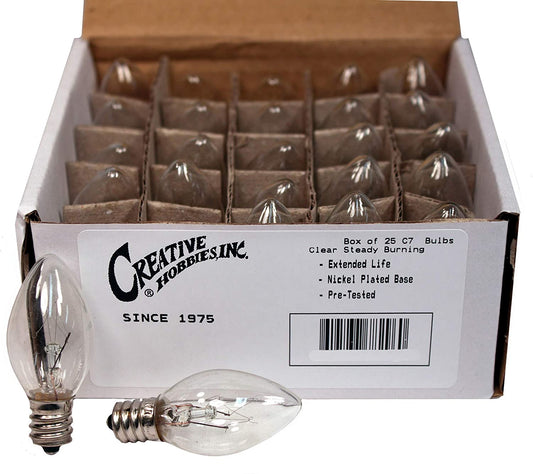 Creative Hobbies 25 Pack of 4W Night Light Bulbs, Incandescent C7, Clear, Steady Burning, 4 Watt, Candelabra Base E12 (Chandelier Size Base)