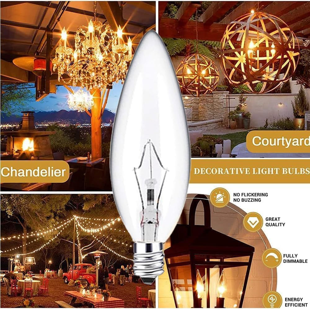 12-Pack Candelabra Light Bulbs, 60 Watt Clear Candelabra Base,Flame Shaped Incandescent Chandelier Light Bulbs, E12 B10 with Warm White 2700K, 600 Lumen Dimmable