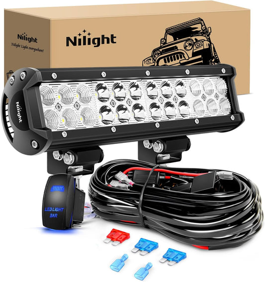 Nilight - ZH084 LED Light Bar 12Inch 72W Spot Flood Combo LED off Road Lights 12V 5Pin Rocker Switch Wiring Harness Kit- One Lead, 2 Years Warranty
