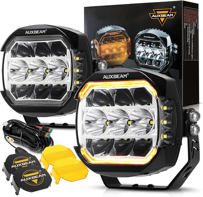 Auxbeam 4 Inch LED Pod Lights, 92W V-MAX Series Square Offroad Driving Lights with Amber DRL, 270° Spot Flood Combo Beam Side Shooter Cube Work Auxiliary Lights with Yellow Cover for Truck SUV ATV UTV