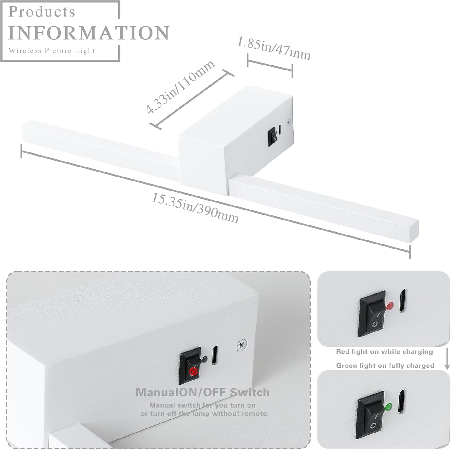 White Battery Operated Picture Light with Remote,Wireless Gallery Lights White 15.7 Inch Rechargeable Display Light Dimmable Wall Sconce for Artwork on Wall