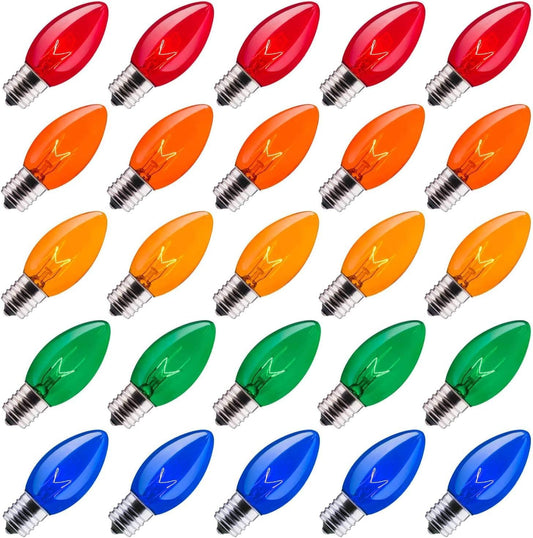 C9 Opaque Replacement Christmas Lights Bulbs Vintage Incandescent Red Green Blue White Orange Glass for Xmas String Lights Outdoor Indoor Holiday Decorations (E17 Base, 25 Count Multicolored)