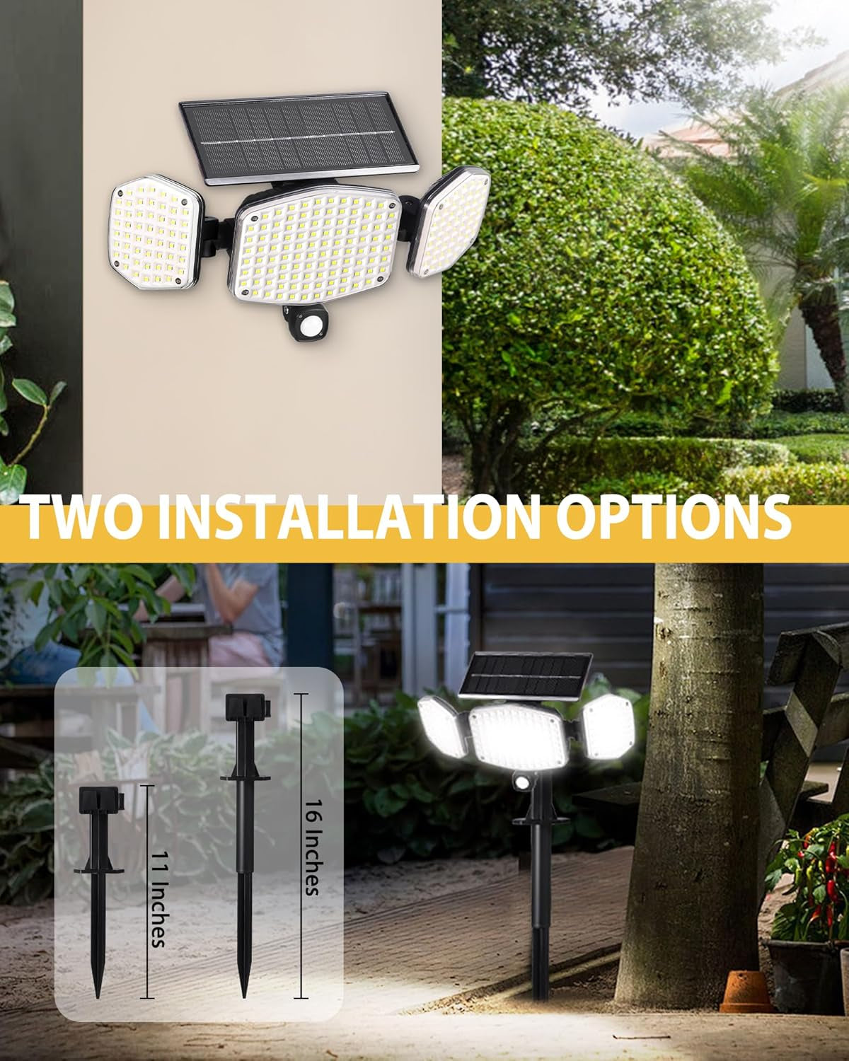 Solar Motion Sensor Outdoor Lights with Stakes, 208 LED Super Bright IP65 Waterproof 3 Heads Solar Powered Security Flood Lights for Outside