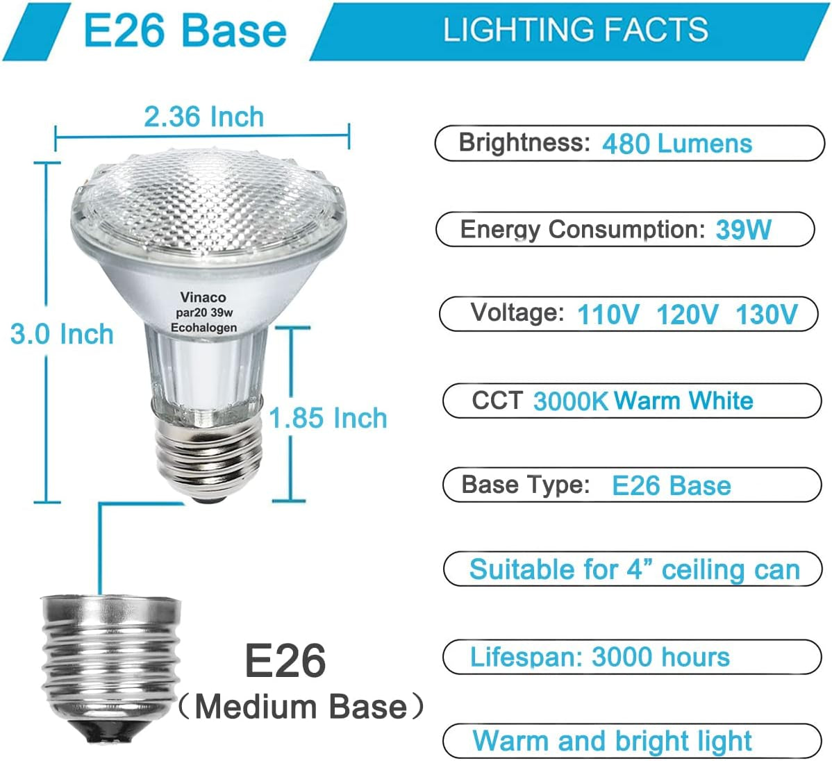 Vinaco PAR20 Halogen Light Bulbs, 6PCS 39W PAR20 Halogen Dimmable, 3000K Warm White, High Brightness PAR20 Flood 39W 120V 480 Lumens Equivalent PAR20 50W 120V, PAR20 E26 Medium Base for Track Lights