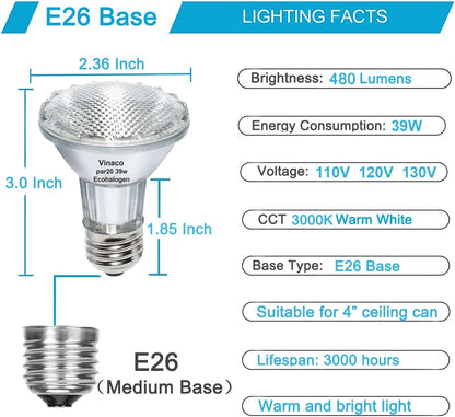 Vinaco PAR20 Halogen Light Bulbs, 6PCS 39W PAR20 Halogen Dimmable, 3000K Warm White, High Brightness PAR20 Flood 39W 120V 480 Lumens Equivalent PAR20 50W 120V, PAR20 E26 Medium Base for Track Lights