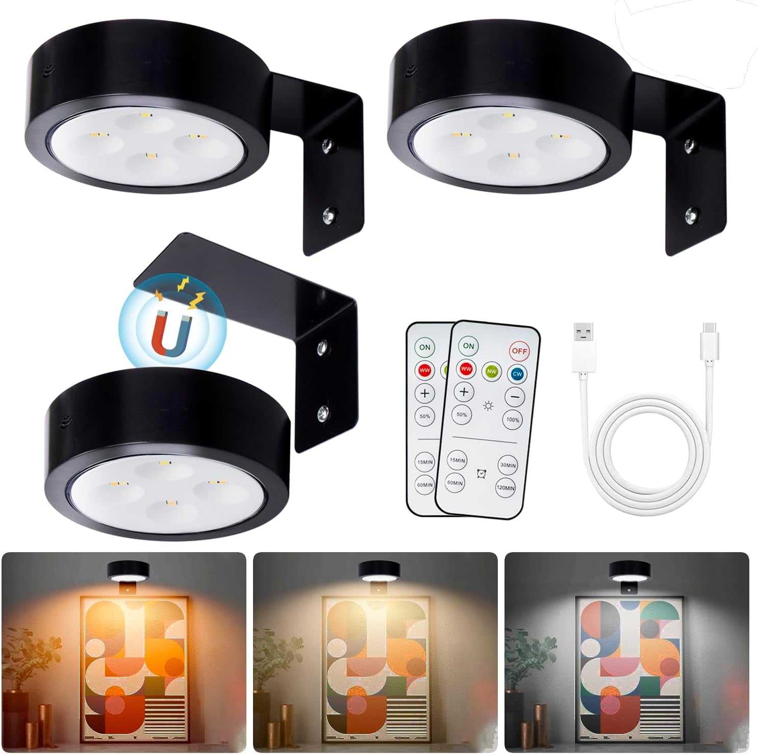 3Pack LED Picture Light Magnetic Painting Light with Remote and Dimmable Timer, LED Picture Frame Lights for Wall, Art Display Light with 3 Lighting Modes, Wireless Wall Decor Puck Lights, Black