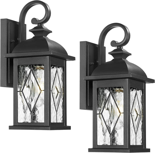 FEMILA 15" Exterior Wall Sconce, 2-Pack Outdoor Waterproof Wall Lights Fixture, E26 Socket Wall Lantern for Porch, Anti-Rust Matte Black Finish with Water Ripple Glass,4Fd54B-2Pk BK-SD