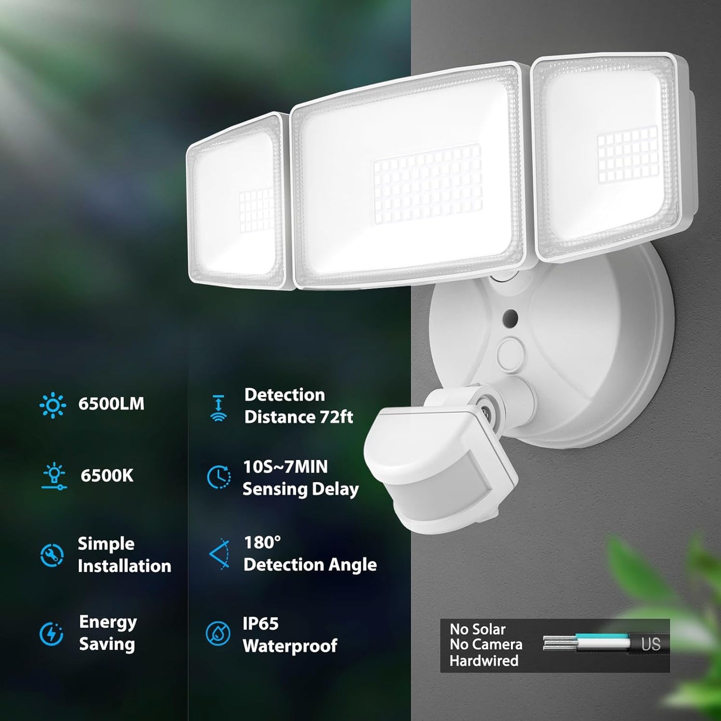 Onforu 65W LED Flood Light Motion Sensor Outdoor, 6500Lm LED Security Light with Three Head, IP65 Waterproof LED Exterior Floodlight, 6500K Wall Light for Entryways Stairs Yard Garage