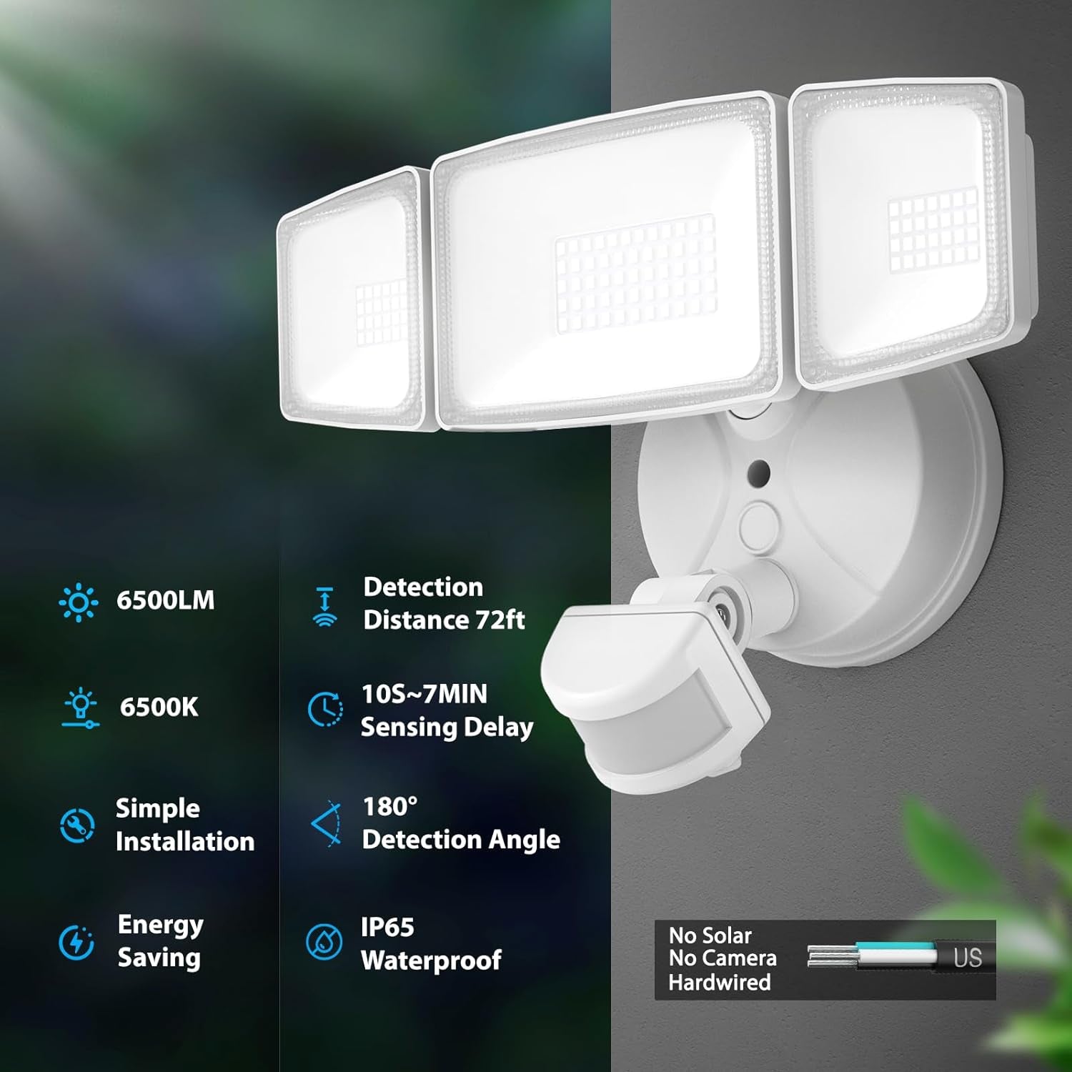 Onforu 65W LED Flood Light Motion Sensor Outdoor, 6500Lm LED Security Light with Three Head, IP65 Waterproof LED Exterior Floodlight, 6500K Wall Light for Entryways Stairs Yard Garage