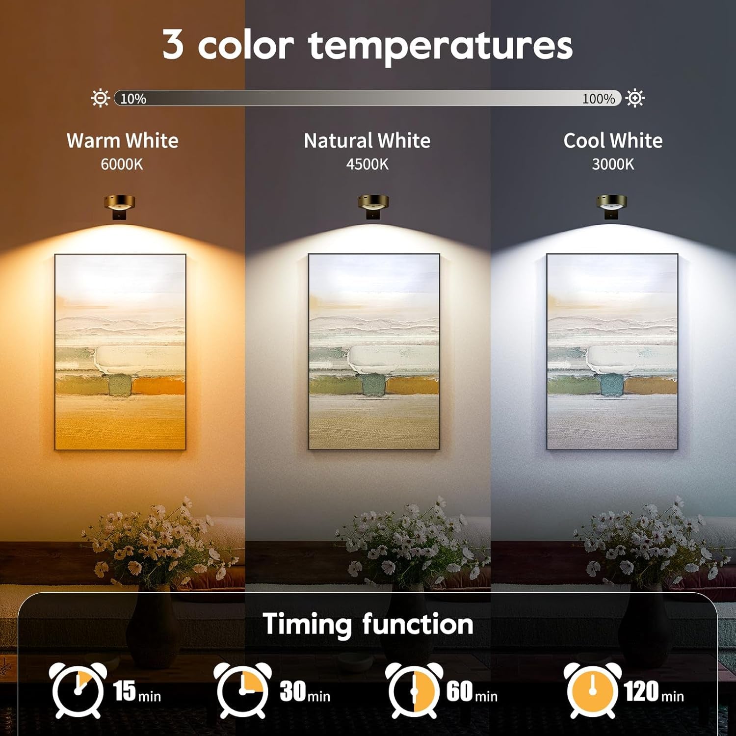 Brightown 2-Pack Picture Lights for Wall,Rechargeable Battery Operated Painting Light Magnetic Art Display Light with Remote, Puck Lights, Dimmable & Timer Art Lighting for Paintings Wireless,Gold
