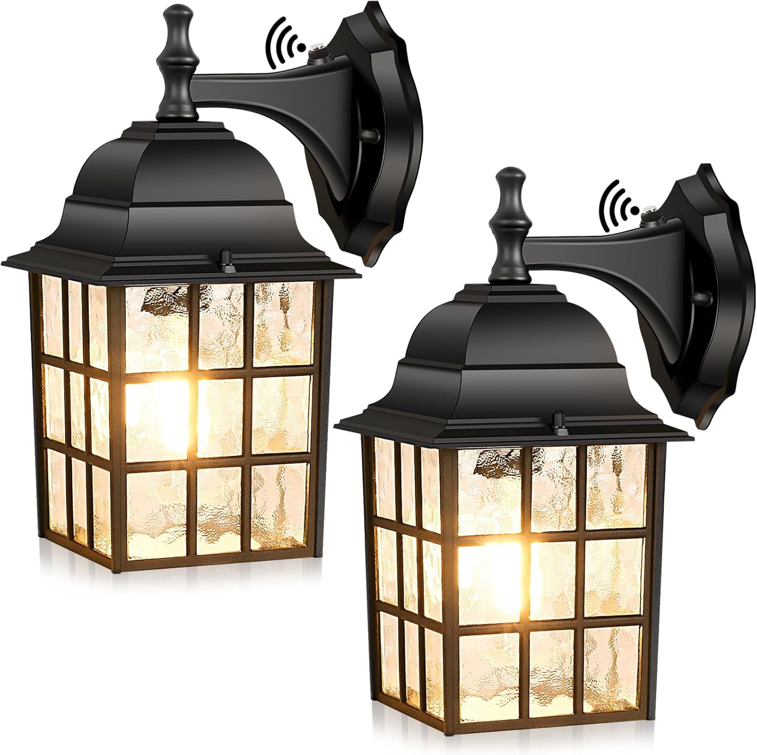 Brightever 2-Pack Dusk to Dawn Outdoor Wall Lantern, Exterior Light Fixtures Wall Mount with Photocell Sensor, Black Wall Light Waterproof, Waterfall Glass outside Wall Sconce for Porch House Garage