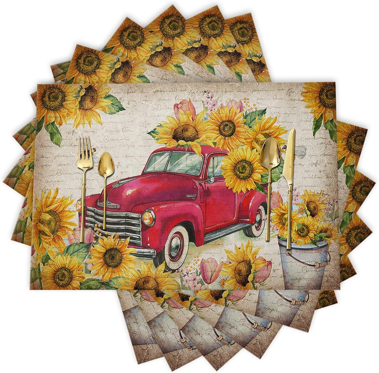 Sunflower Placemats, Red Truck Placemats for Dining Table, Farmhouse Decor Floral Placemats Set of 6, Heat-Resistant Washable Place Mats, Kitchen Table Mats for Party Sunflower Kitchen Decor Placemats