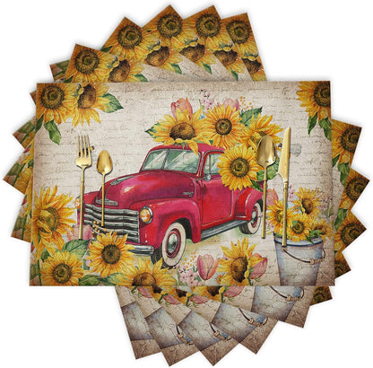 Sunflower Placemats, Red Truck Placemats for Dining Table, Farmhouse Decor Floral Placemats Set of 6, Heat-Resistant Washable Place Mats, Kitchen Table Mats for Party Sunflower Kitchen Decor Placemats