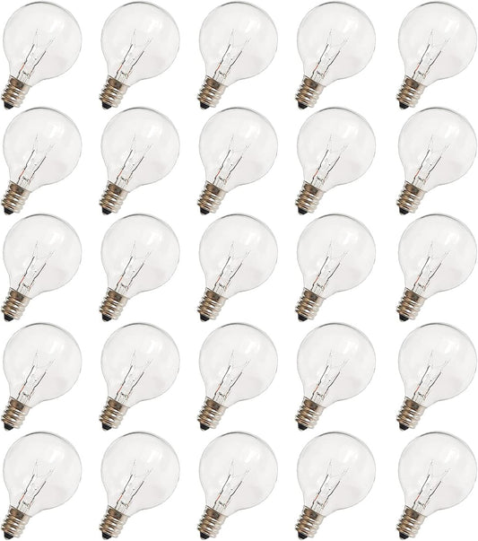 G40 Replacement Light Bulbs, 120V 5W Clear Globe Bulb, E12 C7 Candelabra Base, 1.5 Inch Glass Incandescent Bulbs for Indoor Outdoor Patio String Lights, Warm White -25 Pack