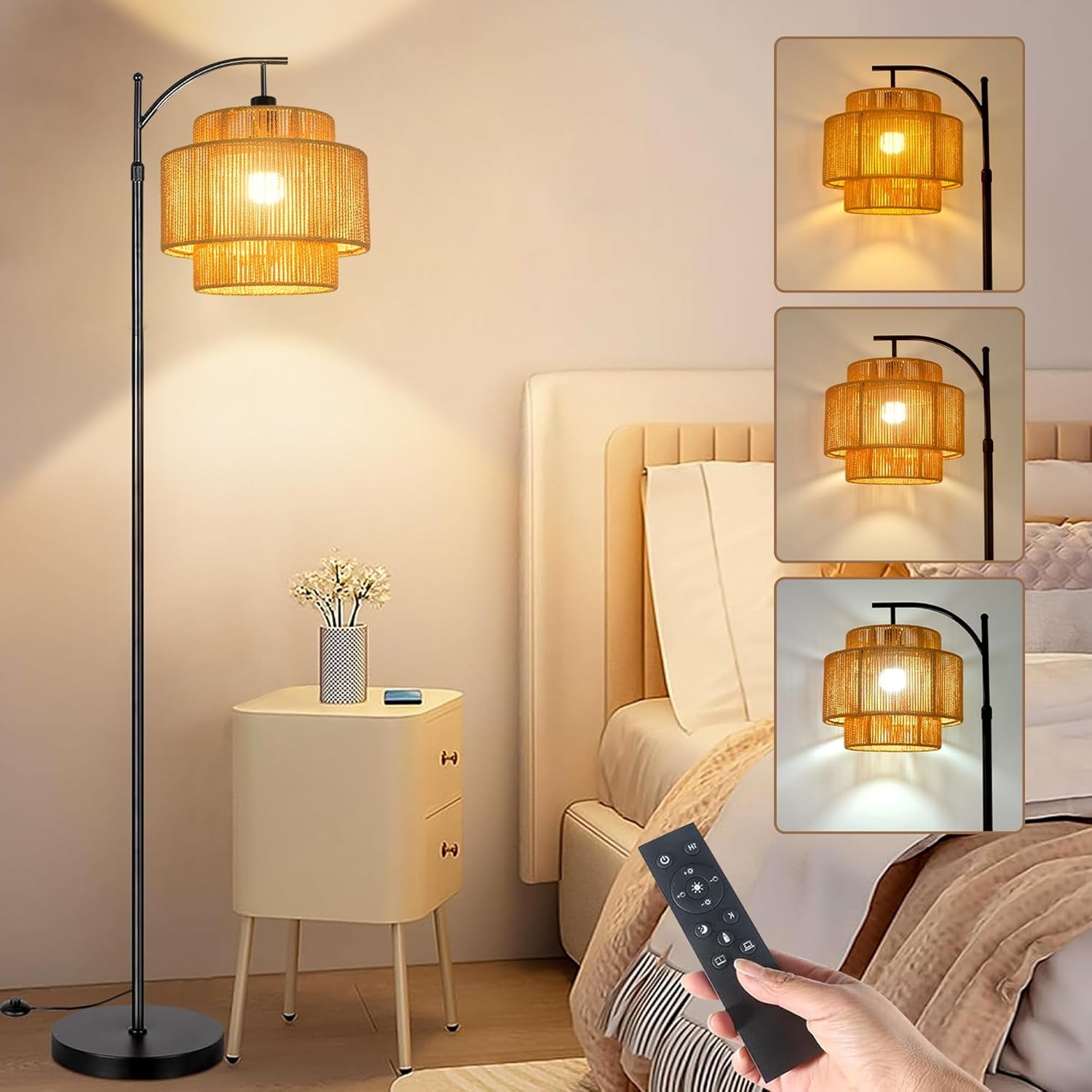 Rattan Floor Lamp for Living Room Bedroom Boho Arc Standing Lamp with Remote Dimmable Black Farmhouse Wicker Bamboo Lamp Shade Floor Light Tall Lamp Industrial Floor Lamps Bohemian Decor