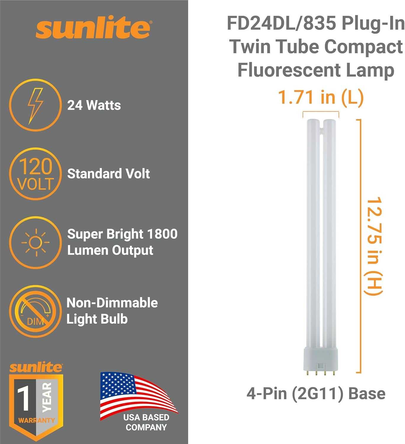 Sunlite FT24DL/835 Plug-In Twin Tube Compact Fluorescent Lamp, FT 4-Pin, 24 Watts, 1800 Lumens, 3500K Neutral White, 4-Pin (2G11) Base, 120 Volts, 1 Pack
