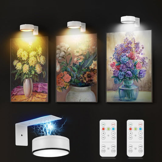 3Pcs Battery Picture Lights, Remote Painting Light for Art Disaplay,Magnetic Wall Picture Light Up/Down Light,Dimmable & Timer, 200LM 3 Lighting for Gallery Dartboard Frame Pictures