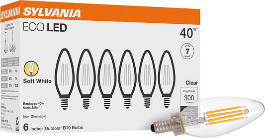 SYLVANIA ECO LED B10 Light Bulb, 40W=2.5W, 7 Year, 300 Lumens, Non-Dimmable, Clear, 2700K, Soft White - 6 Pack (40878)