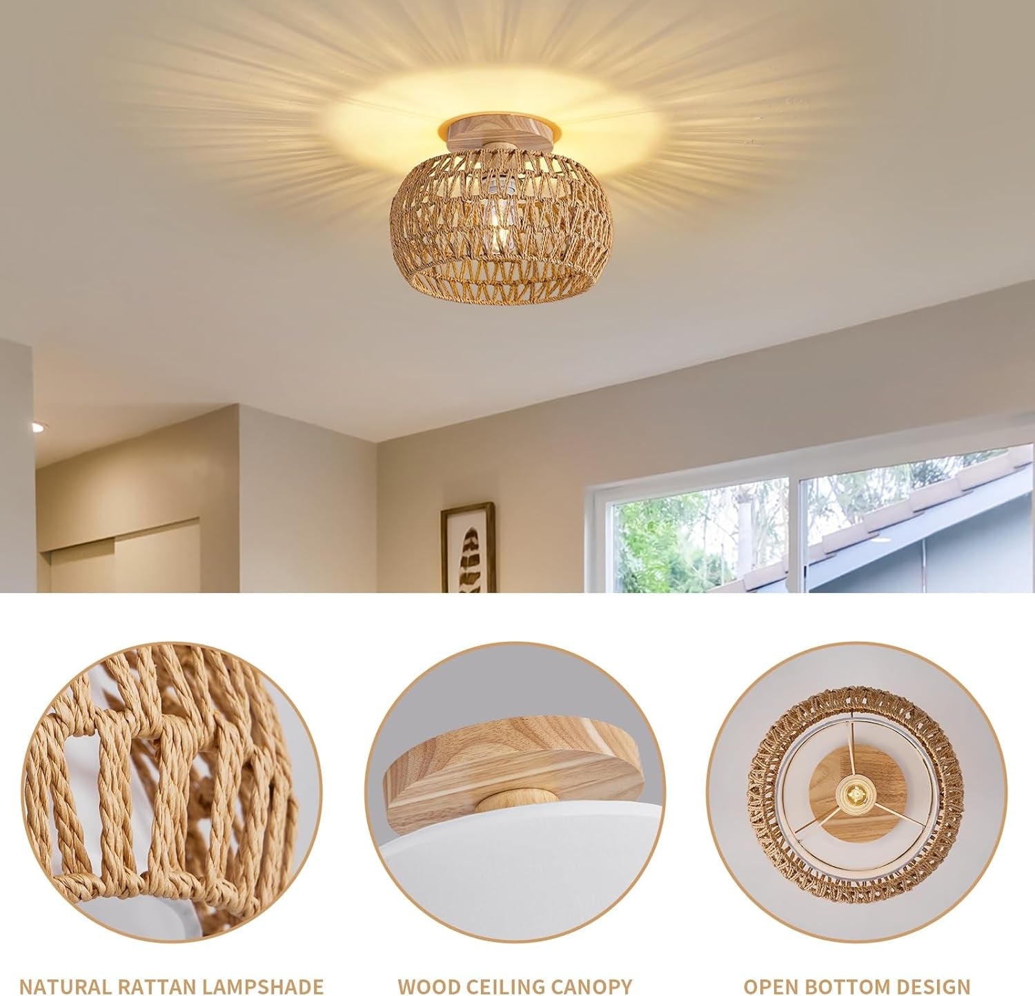 Rattan Ceiling Light Fixture，3 Style Options Boho Flush Mount Ceiling Lights, Hand-Woven Rattan Chandelier,Mini Bohemian Wicker Light Fixtures, Farmhouse Light Fixture for Bedroom Hallway Entryway