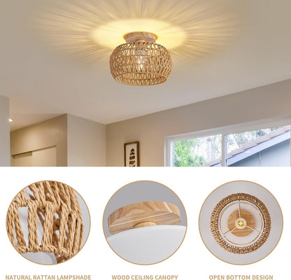 Rattan Ceiling Light Fixture，3 Style Options Boho Flush Mount Ceiling Lights, Hand-Woven Rattan Chandelier,Mini Bohemian Wicker Light Fixtures, Farmhouse Light Fixture for Bedroom Hallway Entryway