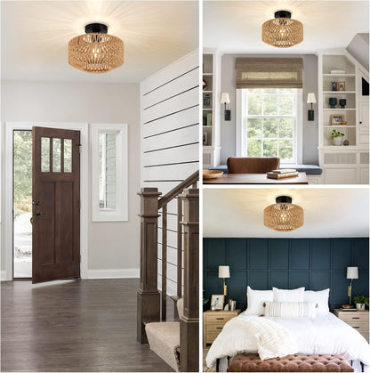 Boho Light Fixtures Ceiling Mount,Mini Rattan Chandelier Light Fixture with Dimmable LED Bulb,Hand Woven Ceiling Light Fixtures Flush Mount for Hallway Bedroom Kitchen Entryway Living Room