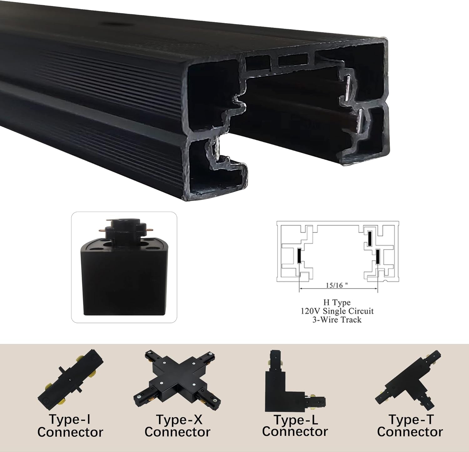 H Type Track Lighting Rail for Track Lighting System 3.28FT Single Circuit 3-Wire-1 H Track Rail with Extra I Connector and End Caps Value Set
