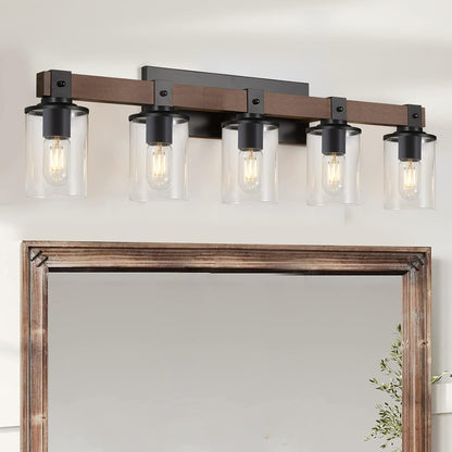 DUJAHMLAND Farmhouse Vanity Light Fixture,3-Light Bathroom Wood Wall Light over Mirror with Clear Glass Shade, Rustic Vintage Wall Sconce Lighting.(Antique Wood, 3-Light)