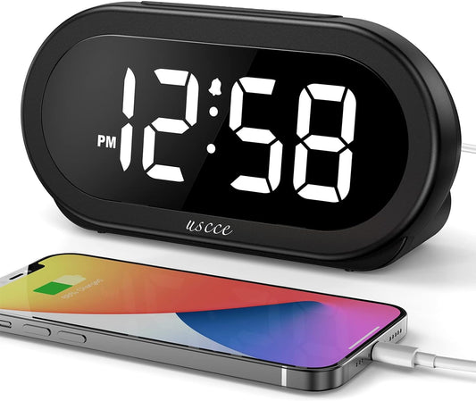 Uscce Small Digital Clock for Bedroom: 6 Dimmable Brightness 4 Alarm Volume - Plug in Clock with Easy Operation for Bedside Desk