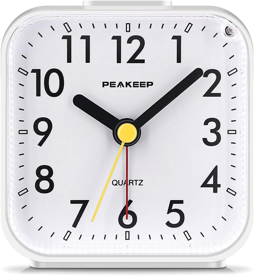 Peakeep Small Battery Operated Analog Travel Alarm Clock Silent No Ticking, Lighted on Demand and Snooze, Beep Sounds, Gentle Wake, Ascending Alarm, Easy Set (Black)