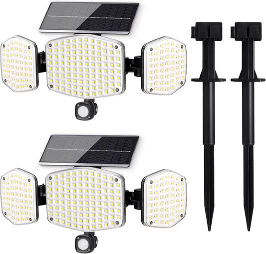 Solar Motion Sensor Outdoor Lights with Stakes, 208 LED Super Bright IP65 Waterproof 3 Heads Solar Powered Security Flood Lights for Outside