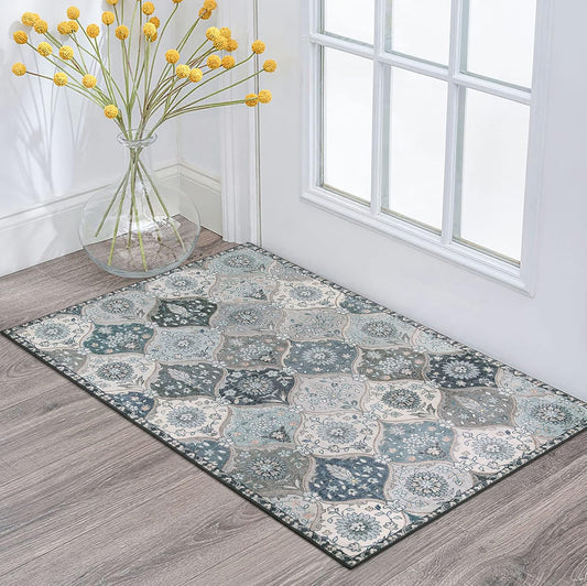 Lahome Moroccan Trellis Front Door Mat Indoor Entrance, 2X3 Rugs for Entryway Non-Slip Washable Indoor Door Mat, Oriental Accent Small Rug for Kitchen Bedroom Bathroom, Blue