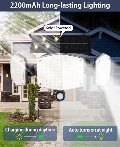 Solar Motion Sensor Outdoor Lights with Stakes, 208 LED Super Bright IP65 Waterproof 3 Heads Solar Powered Security Flood Lights for Outside