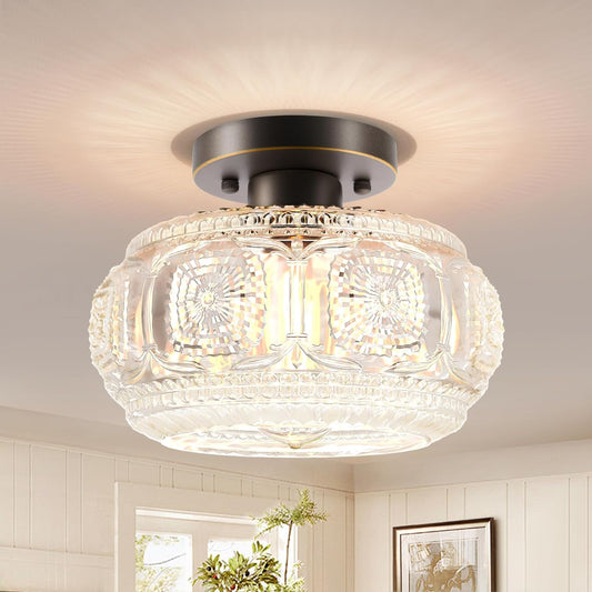 Semi Flush Mount Ceiling Light, Globe Glass Ceiling Light Fixture, Oil Rubbed Bronze with Gold Trim Modern Lighting for Hallway Bedroom Entryway Kitchen Porch, Bulb Not Included