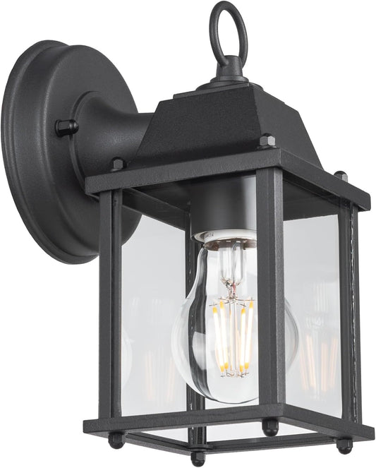 Lit-Path Outdoor Wall Lantern, Wall Sconce as Porch Lighting Fixture, E26 Base, Aluminum Housing plus Glass, Water-Proof and Outdoor Rated, ETL Qualified, 1-Pack, Black