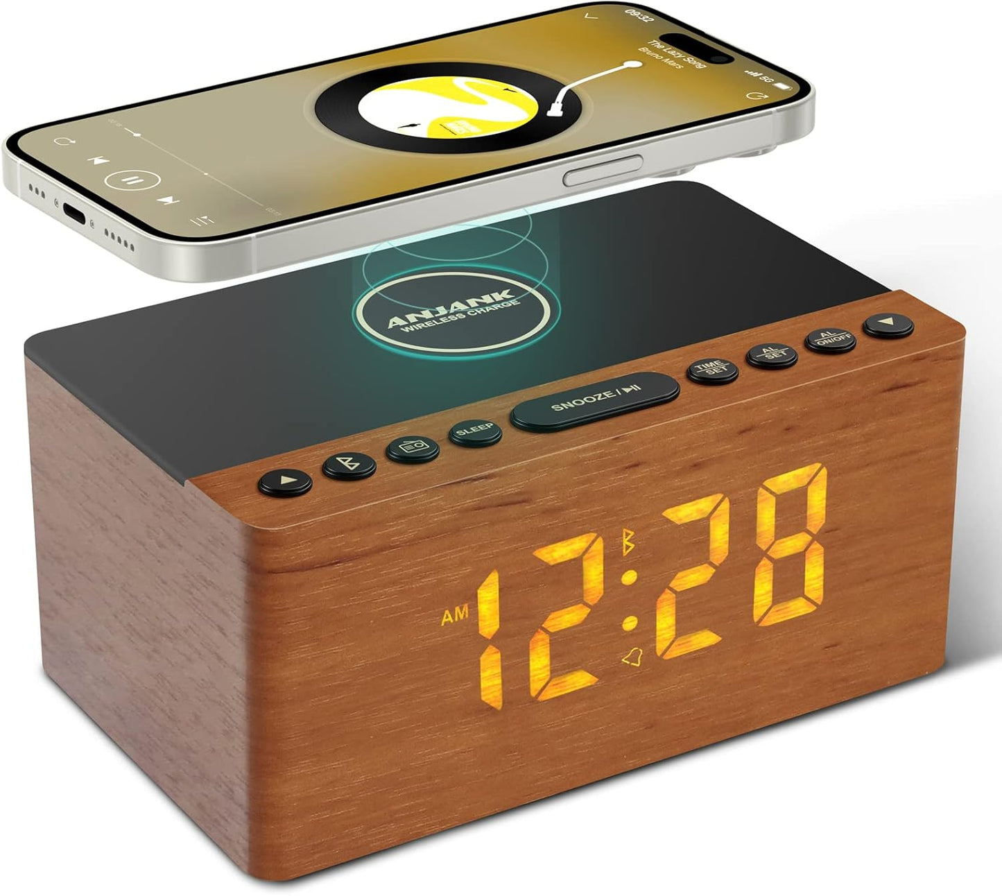 ANJANK Digital LED Alarm Clock FM Radio, Fast Wireless Charger Station for Iphone/Samsung Galaxy, 5 Level Dimmer, USB Charging Port, 2 Sounds, Sleep Timer for Bedroom, Bedside, Desk - Wood