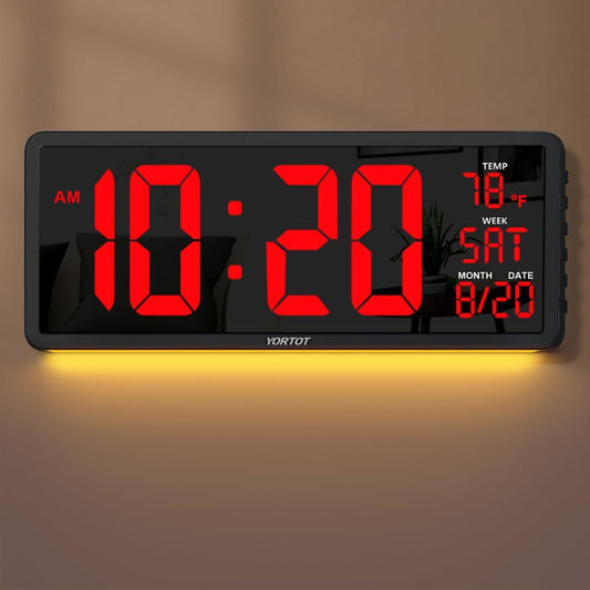 YORTOT 16” Large Digital Wall Clock with Remote Control - Adjustable Dimmer, 7 Color Night Lights, Big LED Clock with Indoor Temperature, Date, Auto DST, 12/24Hour, Wall Mount/Foldable Stand